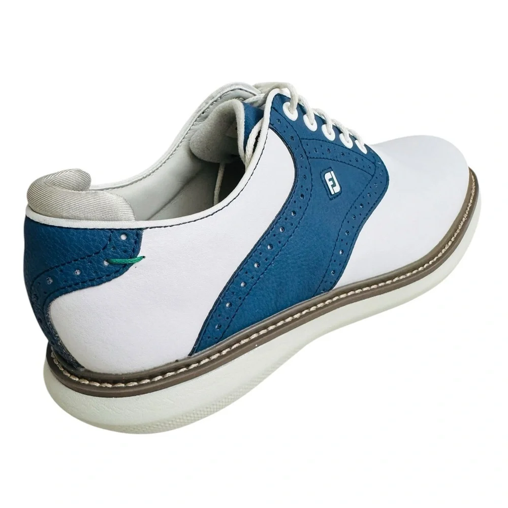 FootJoy FJ Men Golf Shoes White Blue Saddle Spikeless Cleated Size 8.5 M